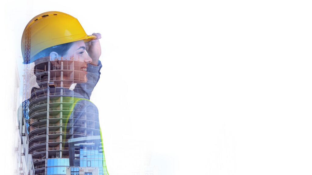 Construction professional with a building under construction, double exposure