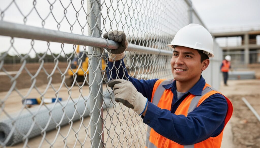 Contractor installing chain-link fencing on a job site